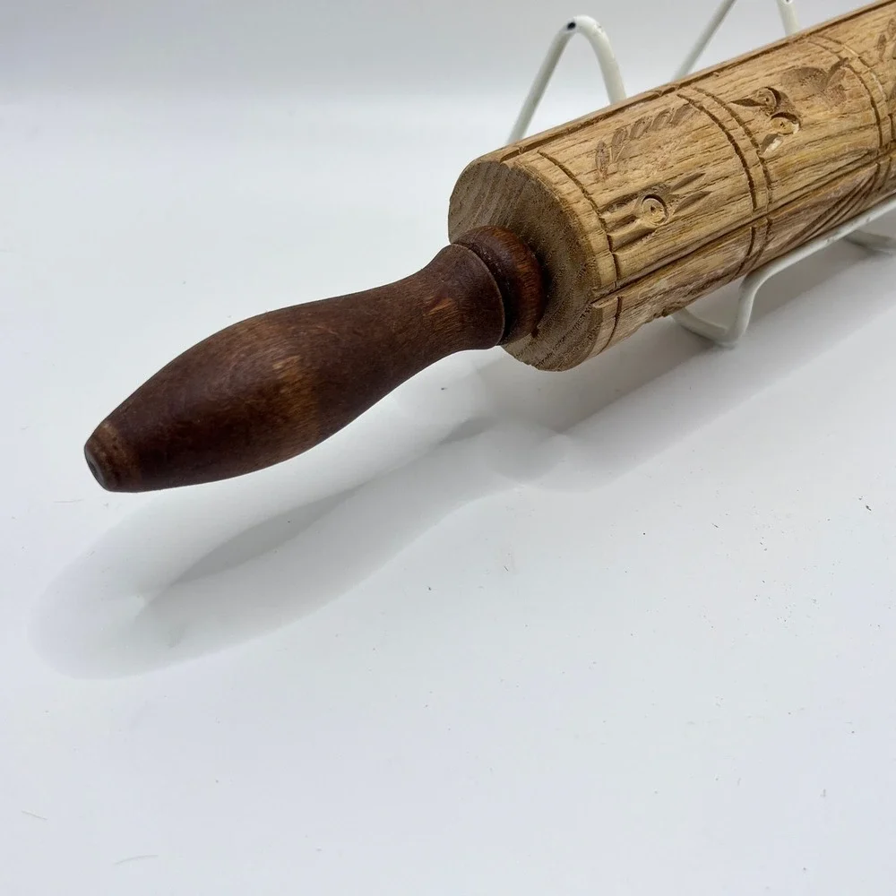 Vintage Hand Carved Wooden Springerle Rolling Pin Folk Art Cookie Mold Press